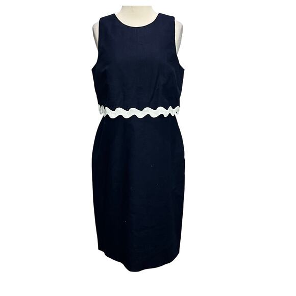 J Crew Sheath Dress Size 8 Blue White Rickrack Trim Linen Blend Classic Preppy - Picture 2 of 13